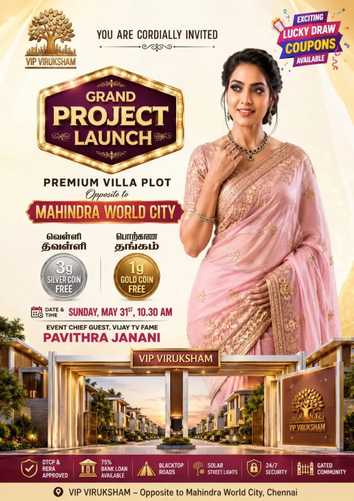 VIP Viruksham Grand Project Launch at Singaperumal Koil featuring premium DTCP & RERA approved villa plots opposite Mahindra World City near GST Road Chennai