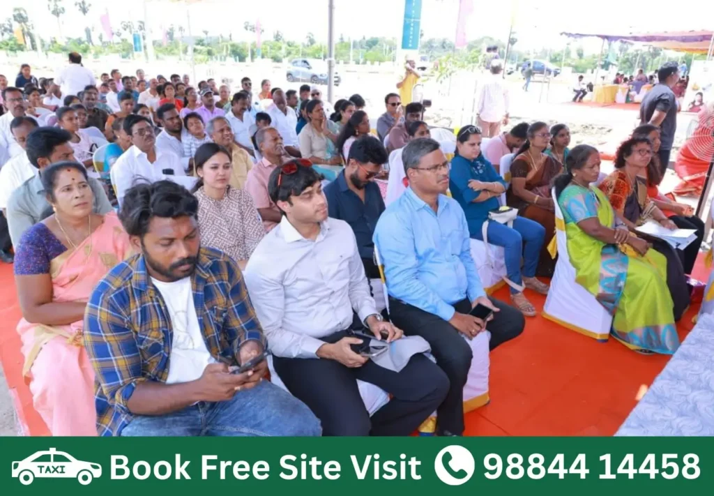 Large gathering of customers attending the VIP Viruksham Singaperumal Koil DTCP & RERA approved villa plots launch event near Mahindra World City, GST Road, Chennai